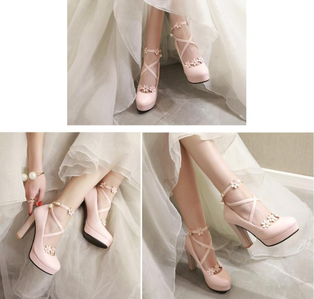รองเท้าส้นสูงแต่งดอกไม้น่ารักๆสีชมพู/ขาว/ดำ ไซต์ 34-43