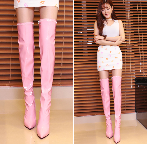 รองเท้าบูทส้นสูงยาวเลยเข่าหนังเงาสีแดง/ชมพู/ดำ/ขาว มี 4 นิ้ว ไซต์ 34-43