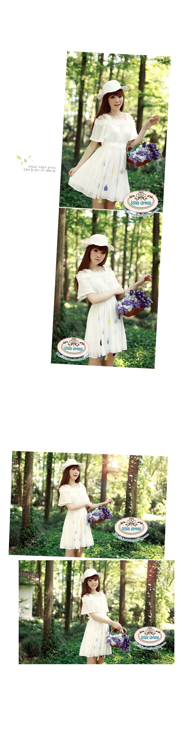 **พร้อมส่ง**เดรสสีขาวตกแต่งรอบคอด้วยดอกกุหลาบ แขนระบาย ชายกระโปรงประดับด้วยรูปหยดน้ำโทนสีฟ้า