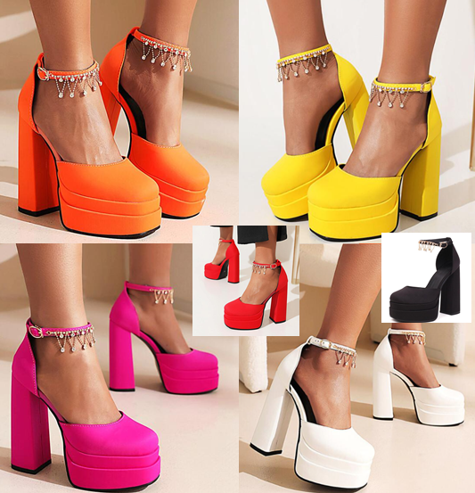 รองเท้าส้นสูงรัดข้อส้นหนา ไซส์ 34-46 สีดำ/แดง/ขาว/ชมพู/เหลือง/ส้ม