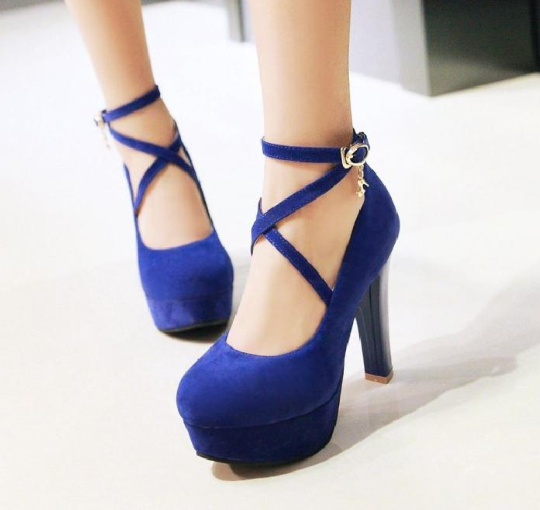 รองเท้าส้นสูงส้นหนาสายไขว้หน้า ไซต์ 34-43 สีดำ-ครีม/ชมพู/ส้ม/น้ำเงิน