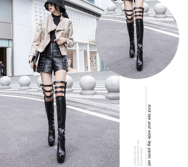 รองเท้าบูทยาวเลยเข่าส้นสูงหนังสีดำ/ขาว ไซต์ 34-46