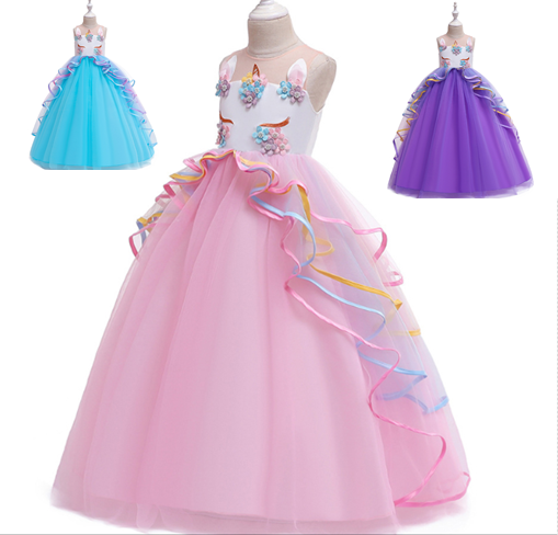 ชุดออกงานเด็กสไตล์โพนี่สีชมพู/ฟ้า/ม่วง สำหรับเด็ก 5-15 ปี