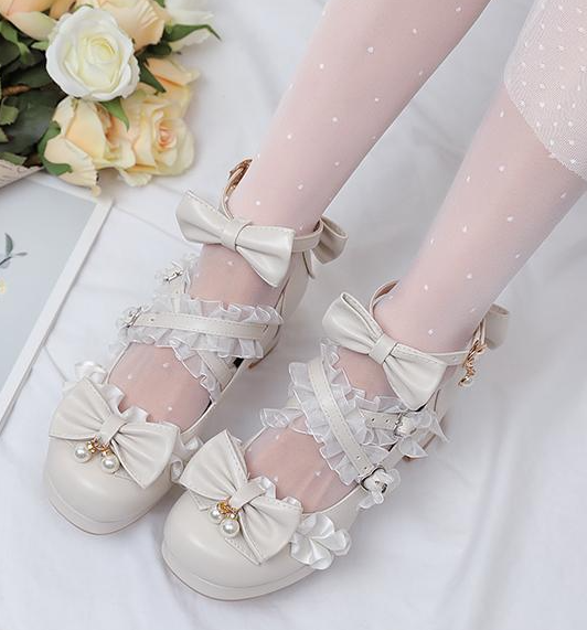 รองเท้าส้นสูงเจ้าหญิงน่ารักๆ ไซต์ 34-43 สีดำ/ครีม/ชม/ม่วง