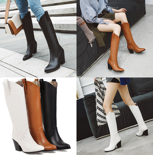 รองเท้าบูทยาวแนวคาวบอย ไซต์ 34-43 หนังเงาสีน้ำตาล/ดำ/ขาว หนังกลับสีดำ/น้ำตาล