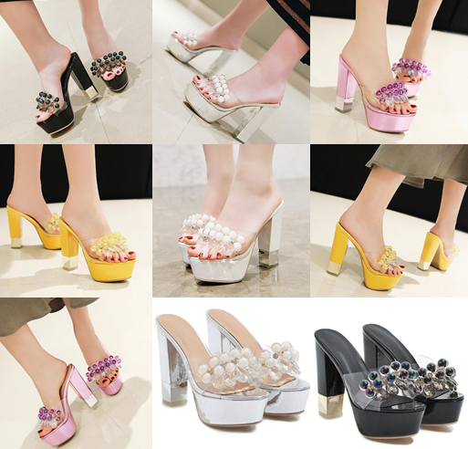 รองเท้าส้นสูงแบบสวมแต่งคริสตัล ไซต์ 34-43 สีดำ/ขาว/เงิน/เหลือง/ชมพู