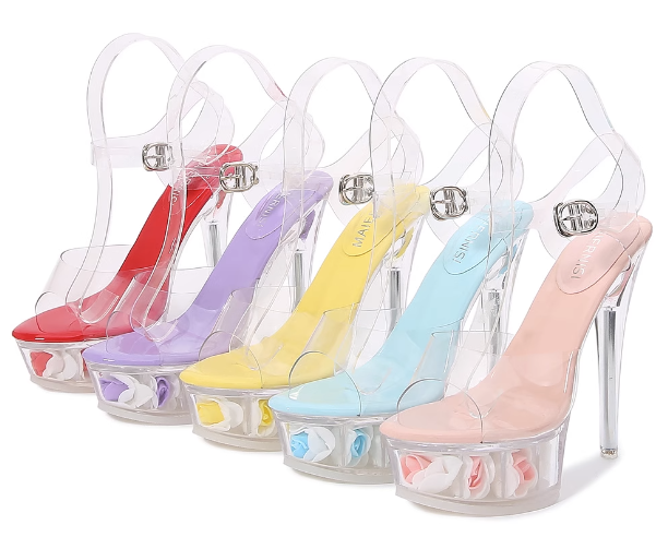 รองเท้าส้นสูงส้นแก้วแต่งดอกไม้ในพื้นส้น ไซส์ 35-43 สีแดง/ฟ้า/ม่วง/ชมพู/เหลือง