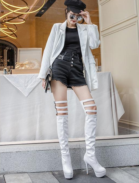 รองเท้าบูทยาวเลยเข่าส้นสูงหนังสีดำ/ขาว ไซต์ 34-46