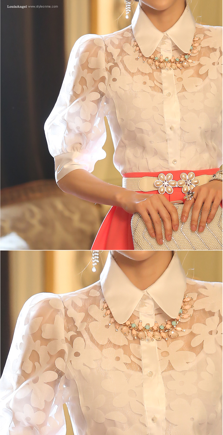 ***หมดค่ะ***เสื้อคอปก ผ้าตาข่ายพิมลายดอกไม้ มีกระดุมผ่าหน้า แขนสามส่วนรวบปลาย น่ารักมากๆค่ะ