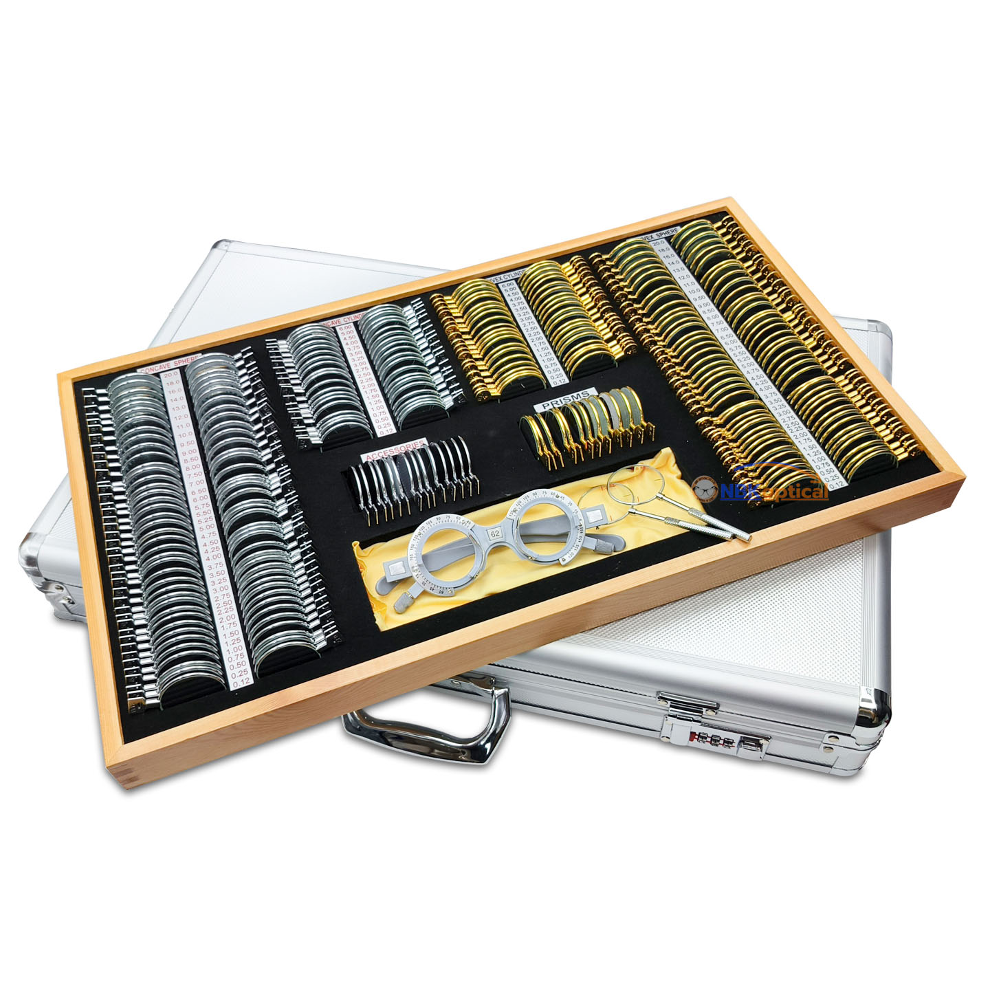 ชุดเลนส์ทดลอง 266 JSG พร้อม เคสอลูมิเนียม ใน กำมะหยี่ ขอบ โลหะสีทอง และ สีเงิน เลนส์กระจกใส พรีเมี่ยม