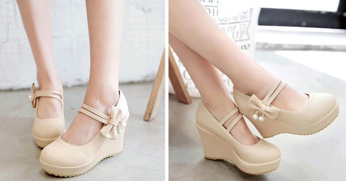 รองเท้าส้นเตารีดแบบน่ารักสีหวานสีชมพู/ครีม/ขาว/ดำ ไซต์ 34-39