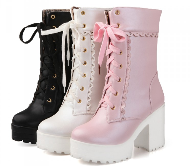 รองเท้าบูทยาวน่ารักๆสีหวานสีชมพู/ขาว/ดำ ไซต์ 34-43