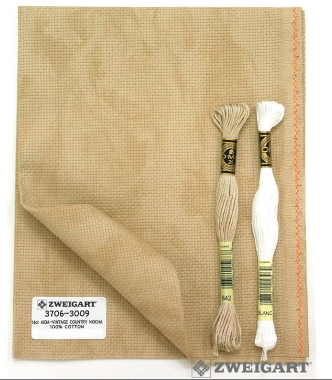 Zweigart 14 count. Vintage Country Mocha Aida (ผ้าไอด้า ขนาดตา 14 ช่อง/นิ้ว พิมพ์ลายสีเทาอ่อน)