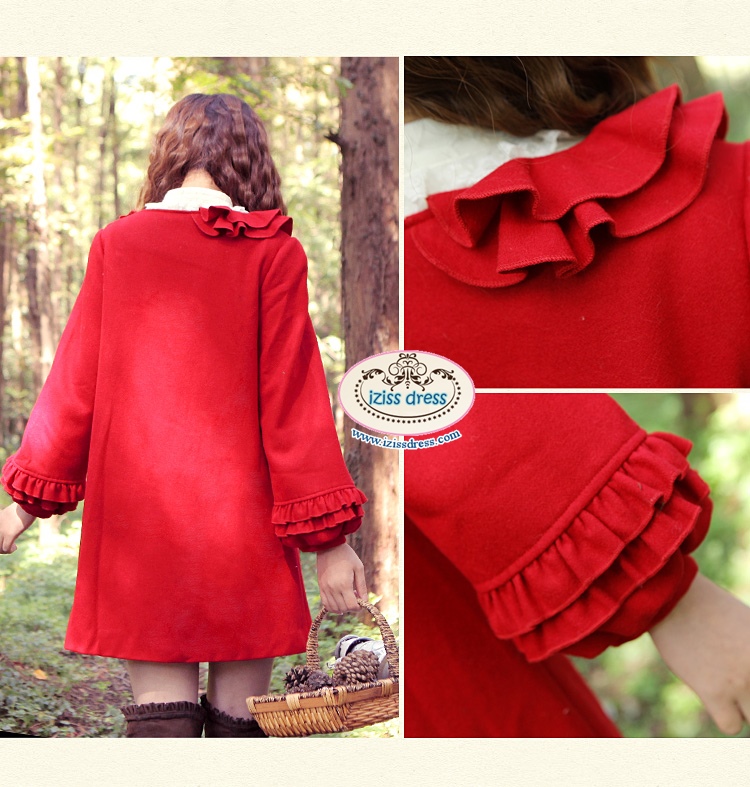 ***หมดค่ะ***เสื้อโค้ทกันหนาวสีแดง ตกแต่งระบายรอบคอและช่วงแขน ติดกระดุมด้านหน้า สวยเหมือนแบบค่ะ