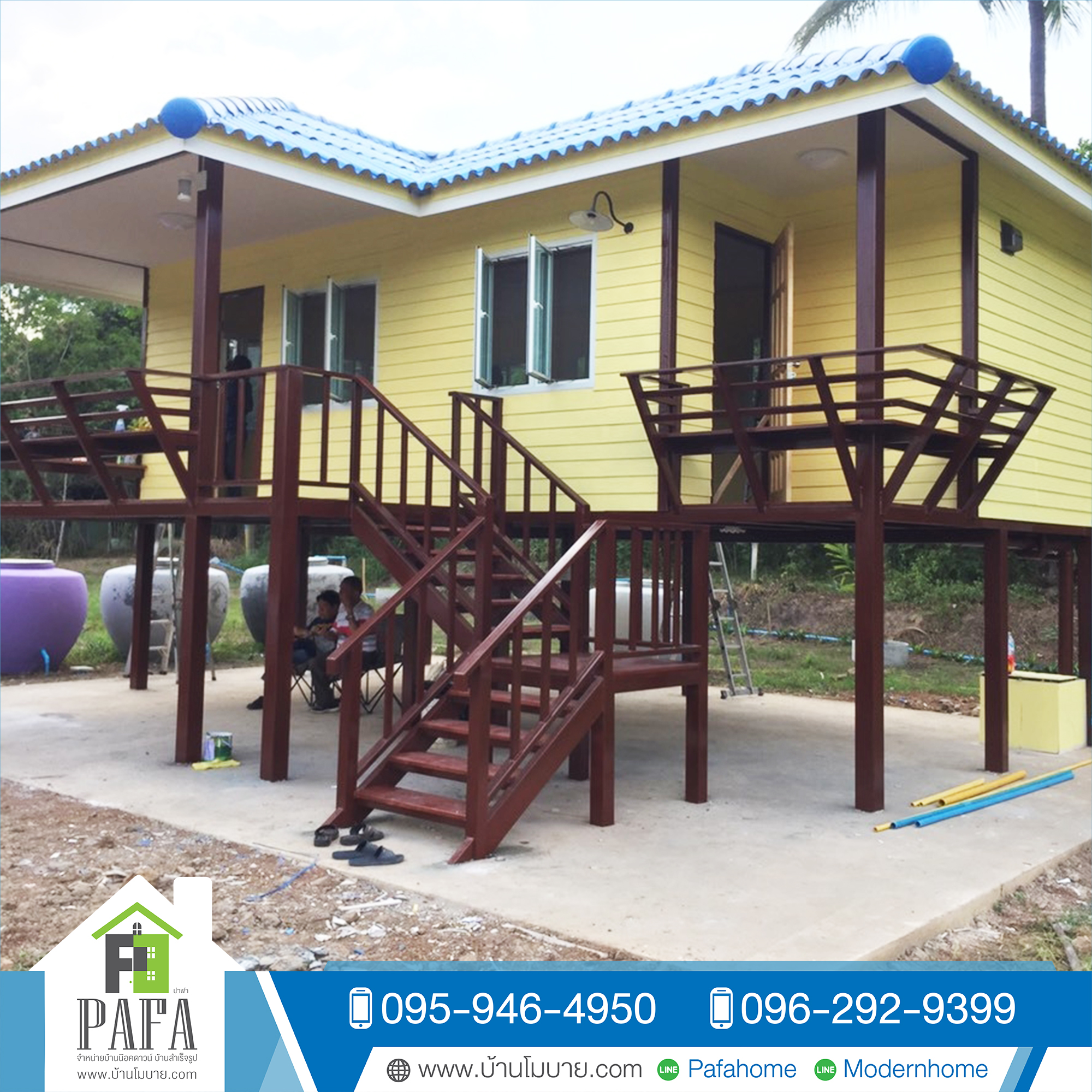 บ้านน็อคดาวน์ขนาด 4*8 เมตร พร้อมระเบียง 2*5 เมตร ยกสูง 1.8 เมตร
