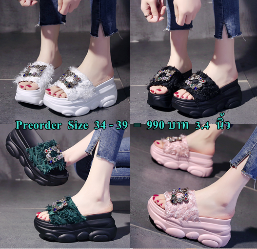 รองเท้าส้นเตารีดสวมน่ารักๆสีชมพู/ขาว/ดำ/เขียว ไซต์ 34-39