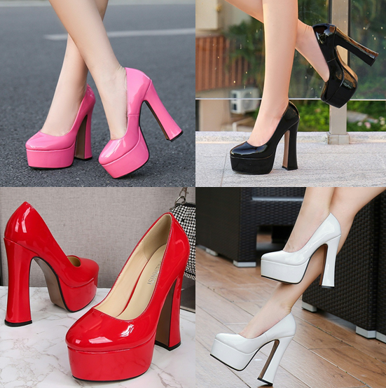 รองเท้าคัทชูส้นหนาสูง 5.6 นิ้ว ไซต์ 35-46 สีดำ/แดง/ขาว/ชมพู
