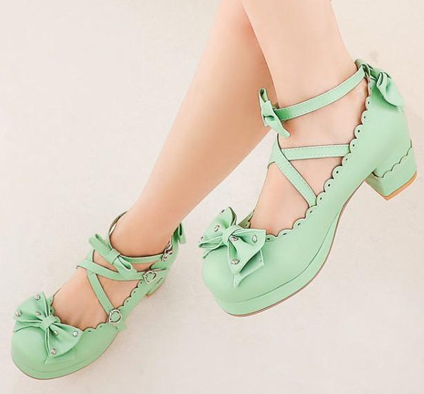 รองเท้าส้นสูงน่ารักๆส้นหนา ไซต์ 34-43 สีดำ/ขาว/ครีม/ชมพู/เขียว