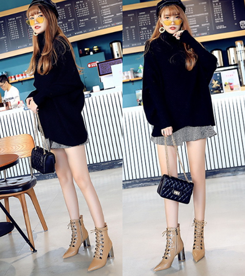 รองเท้าบูทส้นสูงหนังเงาสีดำ/น้ำตาล ไซต์ 34-40