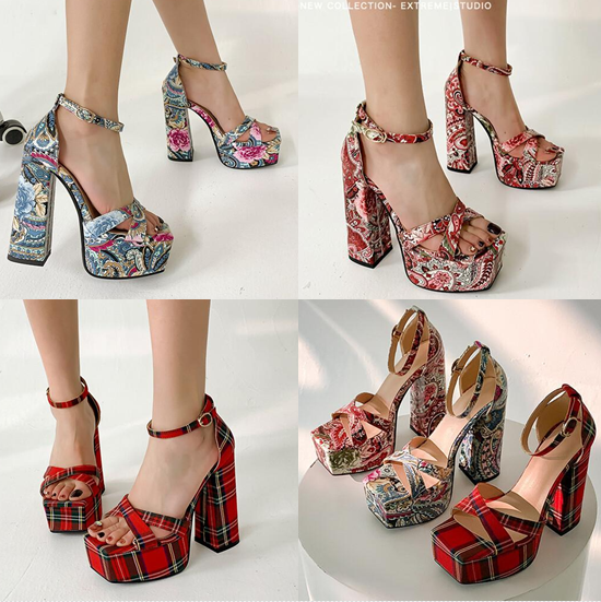 รองเท้าส้นสูงส้นหนา ไซส์ 34-43 สีฟ้า/ชมพู/แดง/