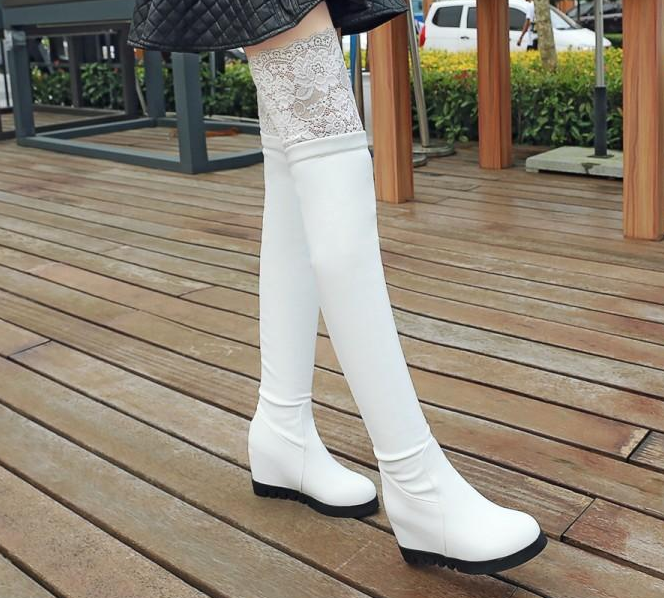 รองเท้าบูทส้นเตารีดหนังสวยแต่งผ้าลูกไม้สีดำ/ขาว ไซต์ 34-43