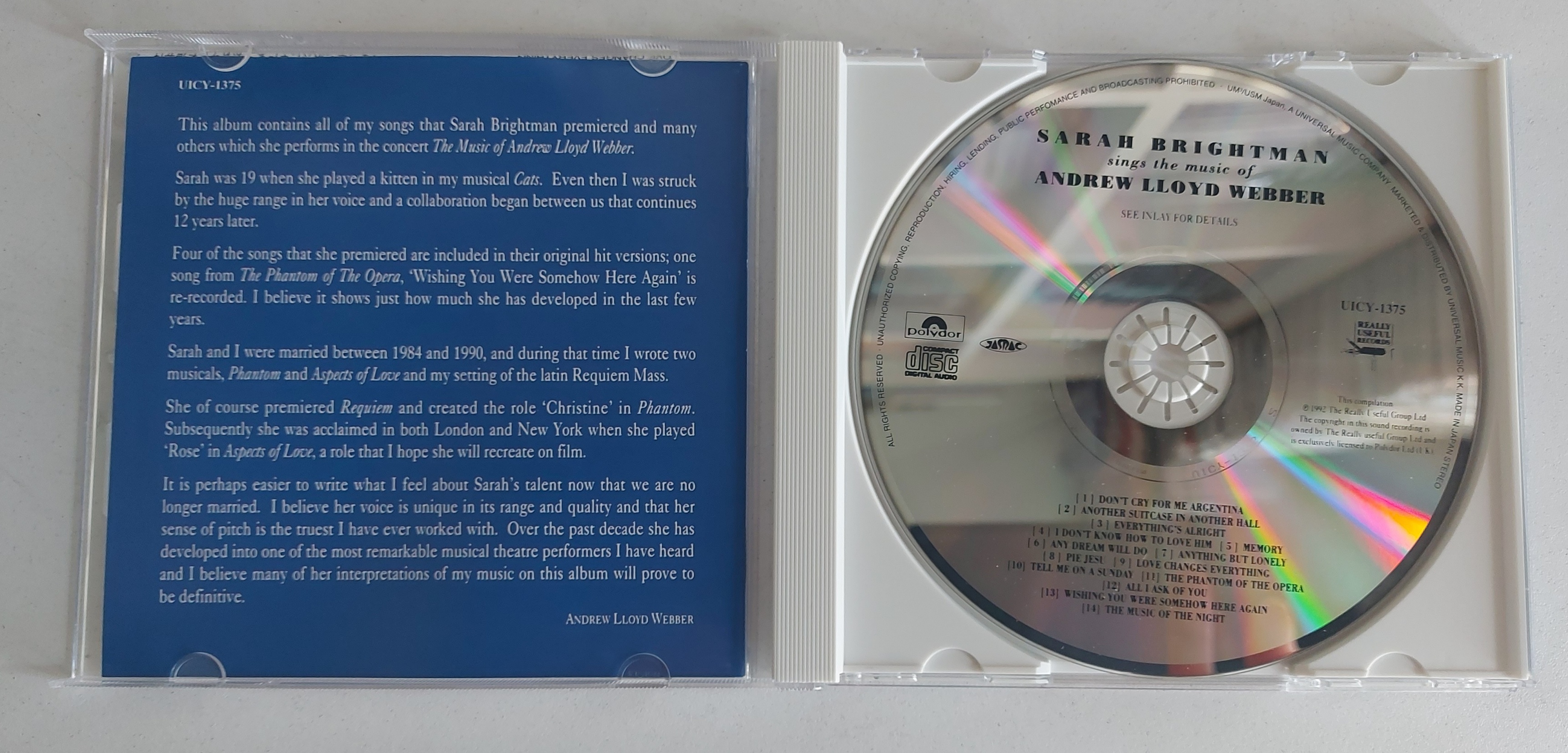 Used CD,Sarah Brightman Andrew Lloyd Webber- Sings The Music Of (A+)(1992)(Japan)