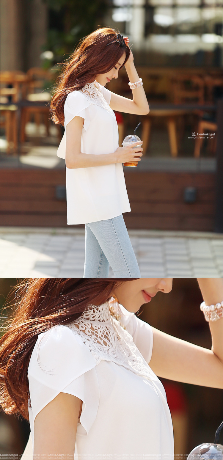 ***หมดค่ะ***เสื้อชีฟองแขนสั้นสีขาว ตกแต่งช่วงอกและด้วยผ้าลูกไม้ โปร่ง เรียบหรูดูดีมากค่ะ