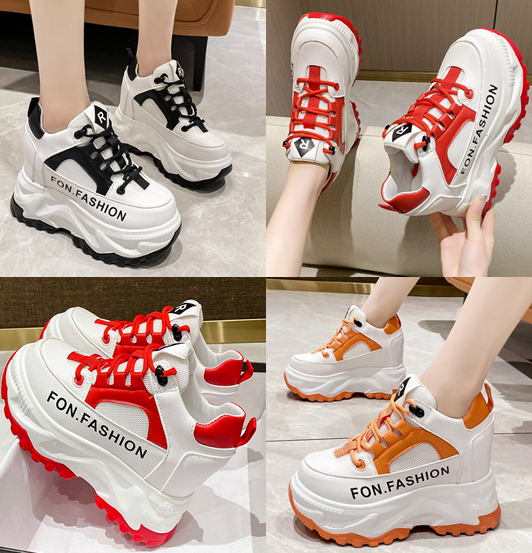 รองเท้าผ้าใบเสริมส้นสูง 4.4 นิ้ว ไซส์ 34-39 สีส้ม/แดง/ดำ