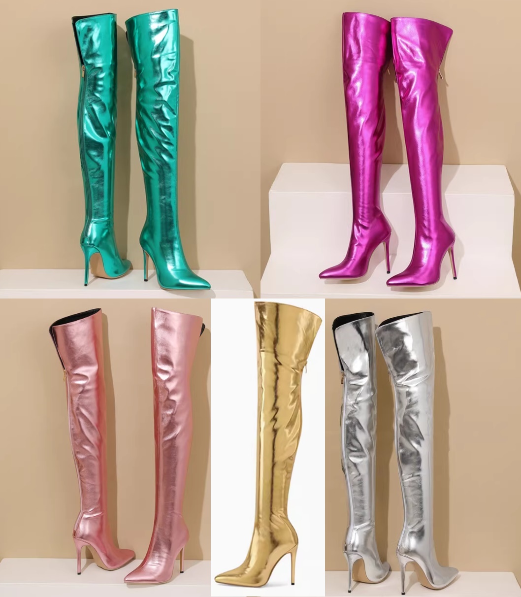 รองเท้าบูทยาวถึงต้นขาปลายแหลม ไซส์ 34-43 สีเขียว/เงิน/ทอง/ม่วง/ชมพู