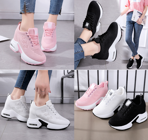 รองเท้าผ้าใบเสริมส้นผ้าถักโปร่งใส่สบายสีชมพู/ดำ/ขาว ไซต์ 35-39