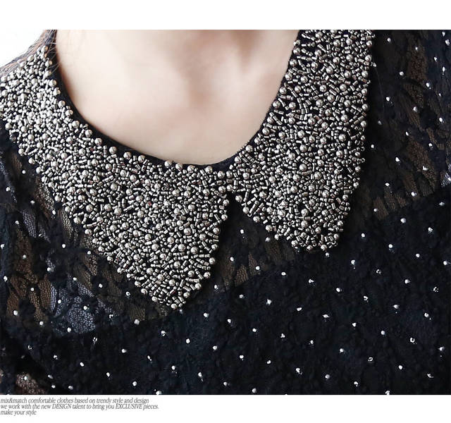 ***หมดค่ะ*** เสื้อผ้าลูกไม้สีดำ ตกแต่งปกเสื้อด้วยลูกปัดสีเงิน แขนยาวมีซับในสวยเหมือนแบบค่ะ