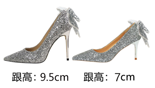 รองเท้าส้นสูงแต่งโบว์คริสตัล ไซส์ 34-43 มี 2 รุ่นสีดำ/เงิน