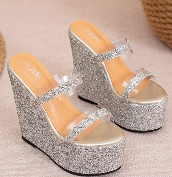 รองเท้าส้นเตารีดสูง 6 และ 4.4 นิ้ว ไซส์ 34-40 สีดำ/เงิน/ทอง