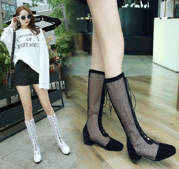 รองเท้าส้นสูงทรงบูทผ้าตาข่ายโปร่ง สีขาว/ดำ ไซต์ 34-43