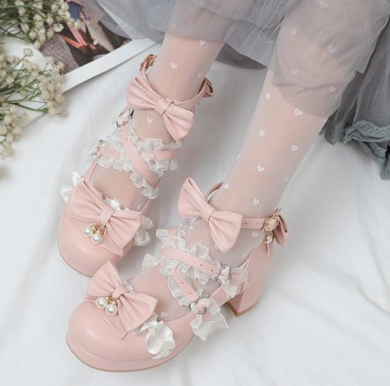 รองเท้าส้นสูงเจ้าหญิงน่ารักๆ ไซต์ 34-43 สีดำ/ครีม/ชม/ม่วง
