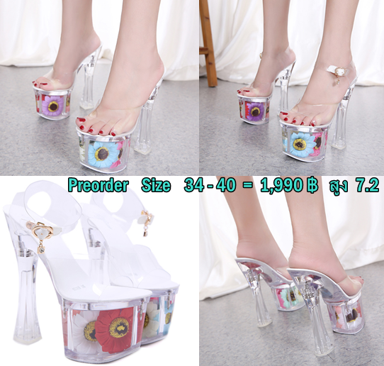 รองเท้าส้นสูงส้นแก้วหนาพื้นแต่งดอกไม้สวยหวาน ไซต์ 34-40 แบบสวม/มีสายรัด