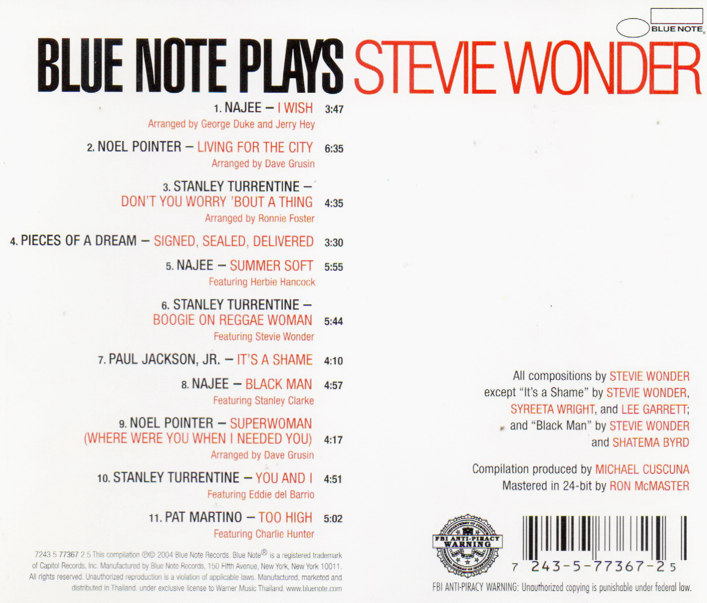 CD,Blue Note Plays Stevie Wonder (Blue Note Cover Series)((2004)(Various Artists)(Thai)