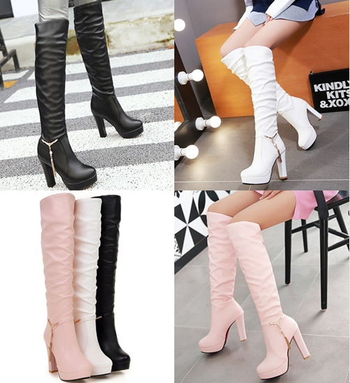 รองเท้าบูทยาวหนังสีชมพู/ขาว/ดำ ไซต์ 34-43