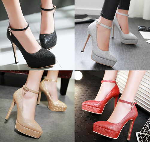 รองเท้าส้นสูงปลายแหลมเก็บทรงสีทอง/เงิน/ดำ/แดง ไซต์ 34-43