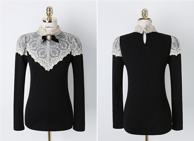 ***หมดค่ะ***เสื้อแฟชั่นเกาหลีแขนยาวสีดำ ผ้าคอตตอน ตัดต่อลูกไม้ช่วงอก มีกระดุมหลัง ไม่มีซับใน เหมือนแบบค่ะ