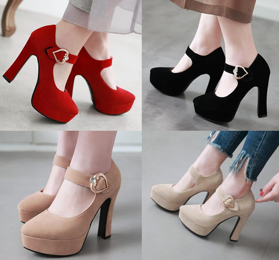 รองเท้าคัทชูหัวมนส้นสูงสีแดง/ดำ/น้ำตาล/แอพพริคอท ไซต์ 34-39