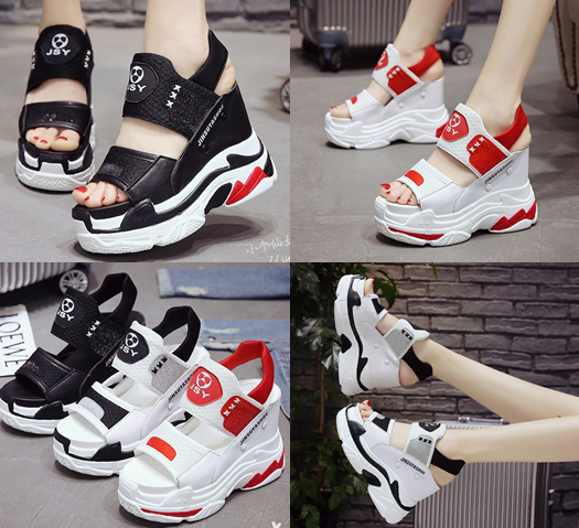 รองเท้าส้นเตารีดเดินง่ายคล้ายผ้าใบสีขาว/ดำ/แดง ไซต์ 34-39