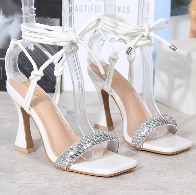 รองเท้าส้นสูงสายเชือกผู้รอบขา ไซส์ 36-42 สีดำ/ขาว/เขียว/ชมพู