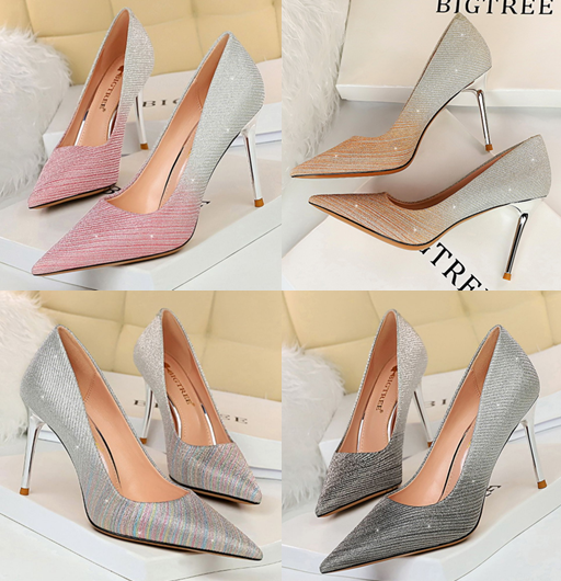 รองเท้าคัทชูส้นสูงปลายแหลมทูโทน ไซต์ 34-40 สีเงิน/ทอง/ชม/หลากสี