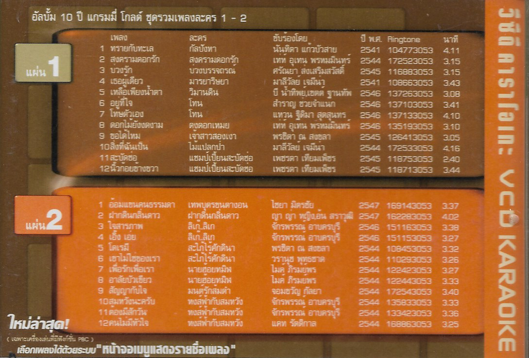 VCD Karaoke,เพลงประกอบละคร 10 ปี แกรมมี่ โกลด์ชุดรวมเพลงละคร 1-2(Ost T)(รวมศิลปิน)(V.A.T)(2VCD)(วีซีดี คาราโอเกะ)(2547)