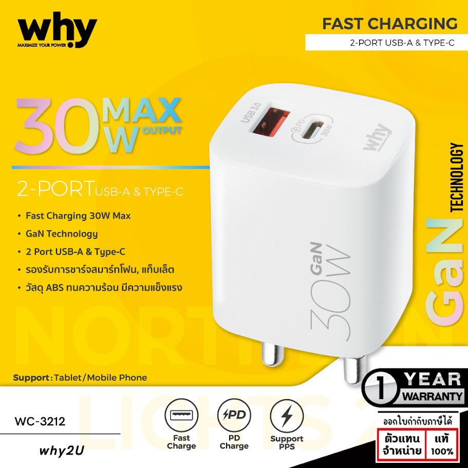 WHY NORTHERN LIGHTS 2 30W หัวชาร์จ มอก. 2 USB PD + 3A ชาร์จไว GAN WC-3212 แท้ ใบกำกับภาษี