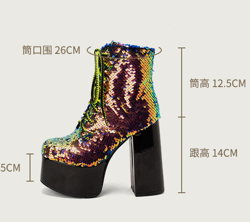 รองเท้าส้นบูทงานปักเลื่อมส้นหนา ไซส์ 35-43 สีเงิน/ทอง/เขียว