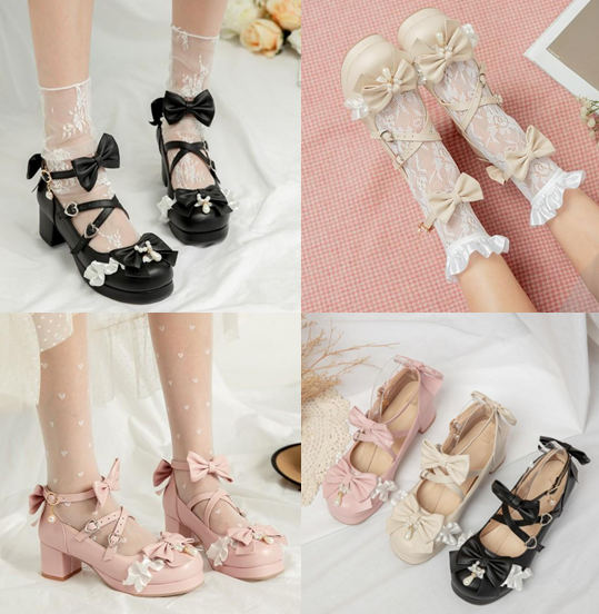 รองเท้าส้นเตี้ยน่ารักๆ ไซต์ 34-46 สีดำ/ครีม/ชมพู