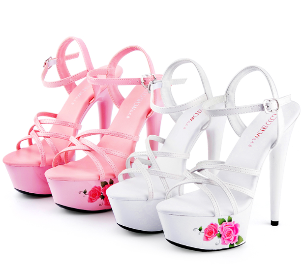 รองเท้าส้นสูงส้นพิมพ?ลายดอกกุหลาบสีขาว/ชมพู ไซต์ 34-41
