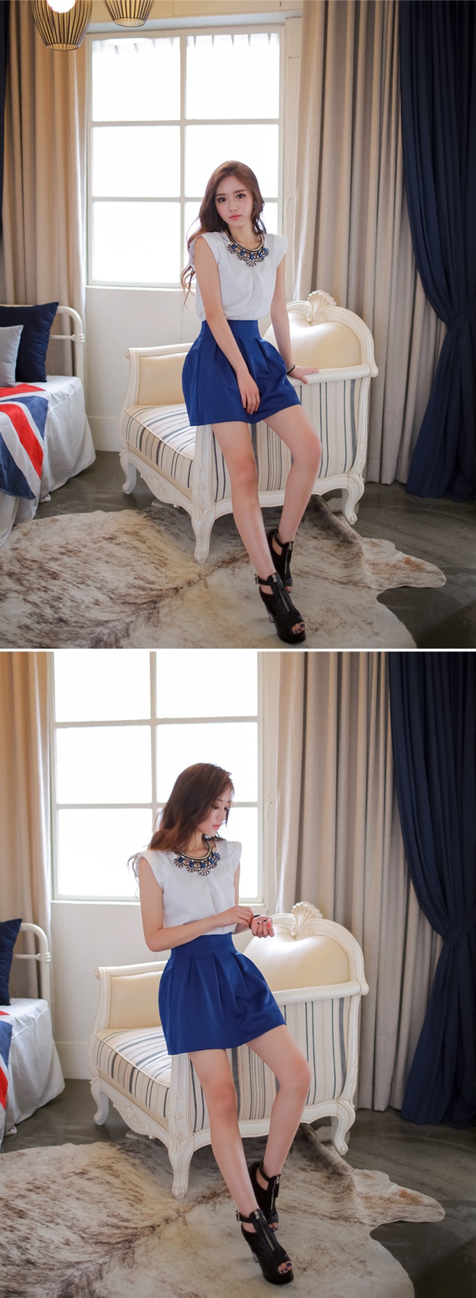 ***หมดค่ะ***ชุดเสื้อสีขาวคอกลมมาพร้อมกระโปรงจับจีบสีน้ำเงินสดใส ประดับด้วยสร้อยลายเก๋ สวยมากๆค่ะ